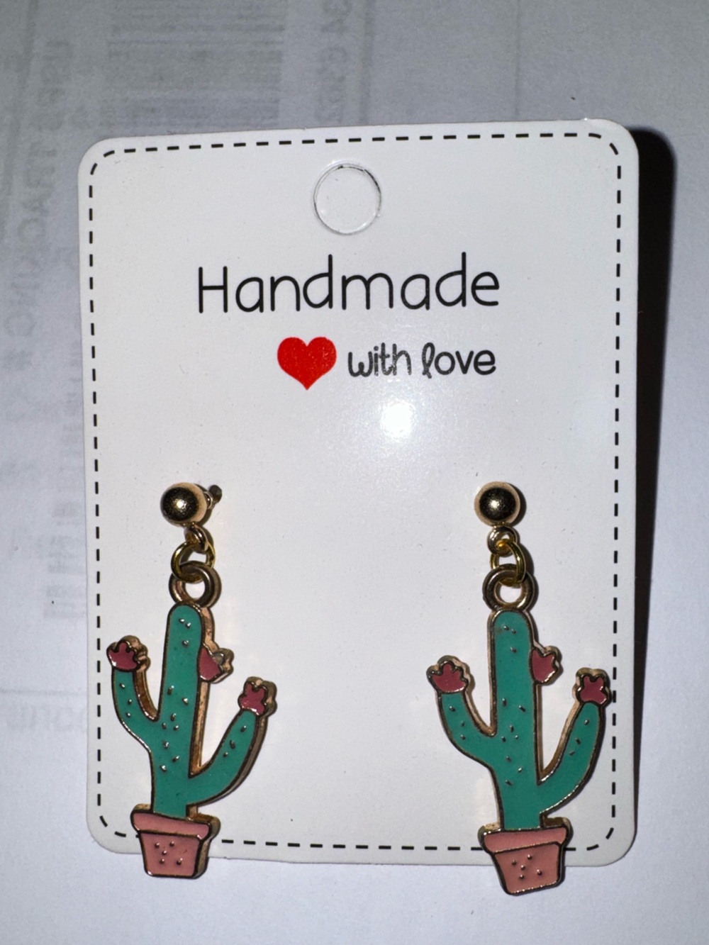 Handmade Cactus Dangle Earrings - Green, Brown & Pink gold tone - NEW